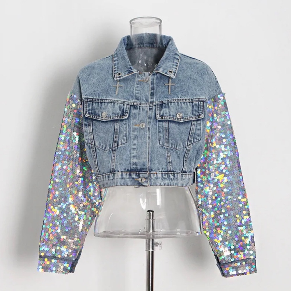 Sequin Sleeve Denim Jacket